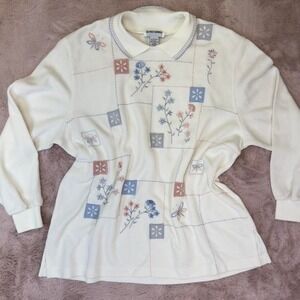 Vintage floral embroidered patchwork top in a soft cream knit, grandmacore